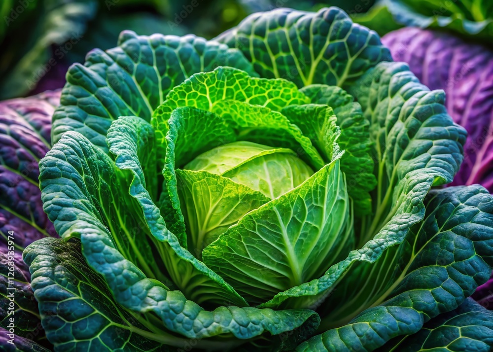 Fototapeta premium Fresh Organic Cabbage Head Close-Up in Garden - Vibrant Green Vegetable