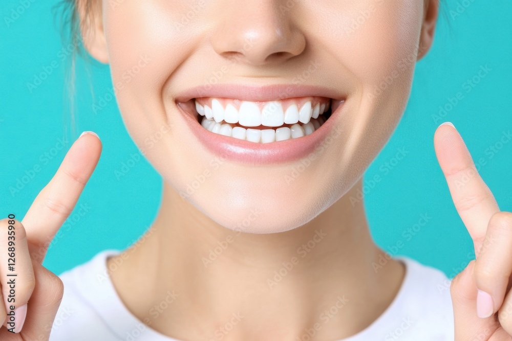 Obraz premium Bright smile with perfectly aligned, sparkling white teeth, framed by fingers in a cheerful pose