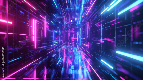 Futuristic Abstract Corridor with Neon Lights in Blue and Pink Shades Creating an Illusory Space for Digital Backgrounds and Technological Concepts