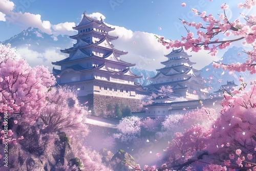 Cherry blossoms and castle in Himeji, Japan