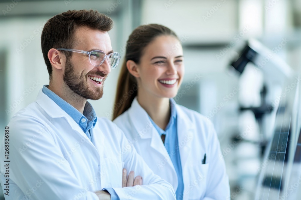 Smiling scientists in lab coats, collaborating on research, confident, and optimistic about progress Smiling scientists in lab coats, collaborating on research, confident, and optimistic about progress