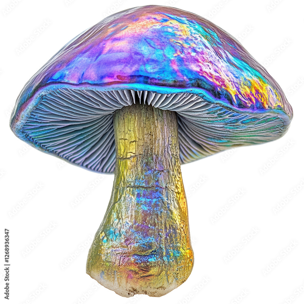 Isolated Holographic Mushroom with Textured Cap and Gills Isolated Holographic Mushroom with Textured Cap and Gills
