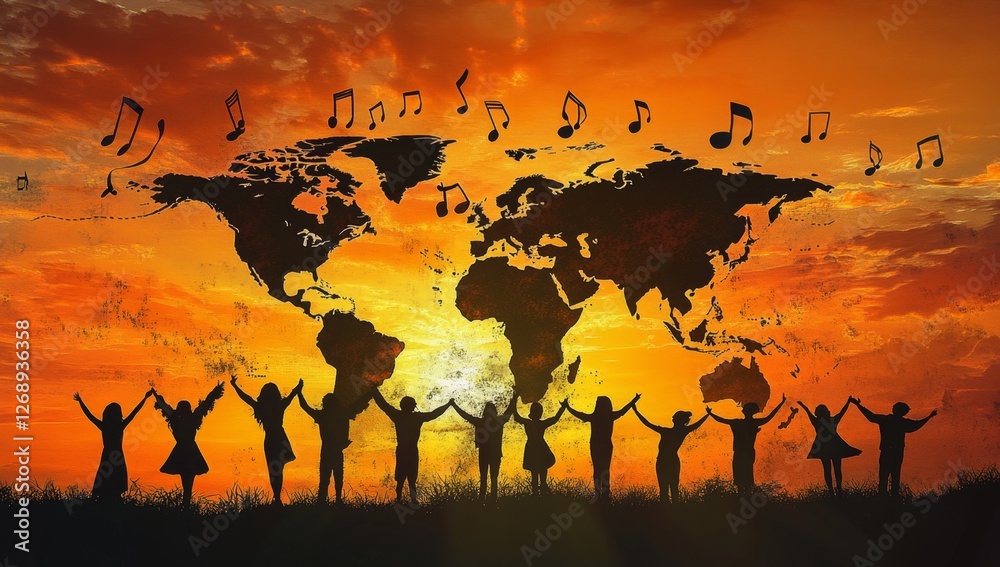Naklejka premium Global unity sunset silhouette music celebration