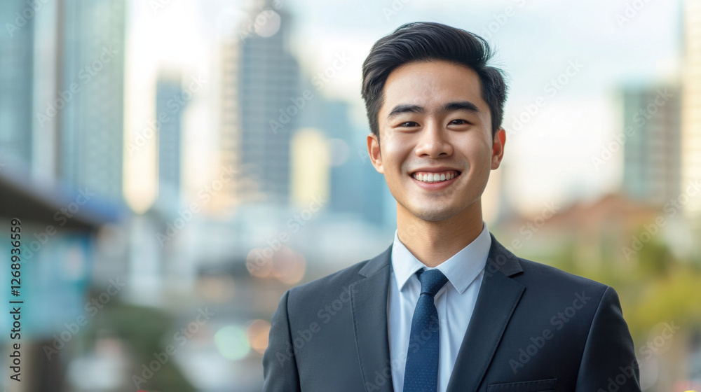 Confident young businessman smiles brightly while standing outdoors in a modern urban setting showcasing professionalism against a city skyline backdrop. Confident young businessman smiles brightly while standing outdoors in a modern urban setting showcasing professionalism against a city skyline backdrop.