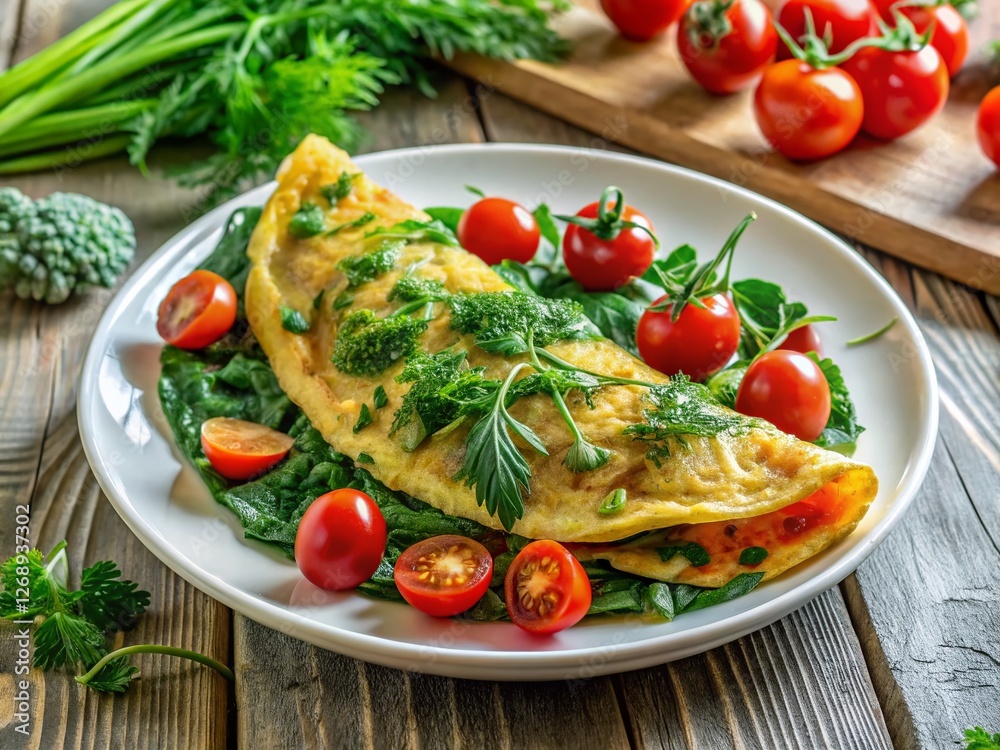 Fresh Spinach & Tomato Omelet on White Plate with Herbs - Healthy Breakfast Food Photo Fresh Spinach & Tomato Omelet on White Plate with Herbs - Healthy Breakfast Food Photo