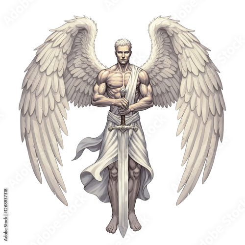 a powerful angel with large wings and a magical illuminated sword on a transparent background