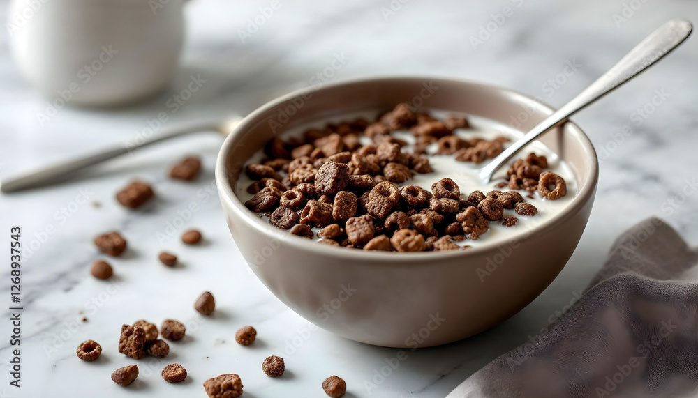 chocolate cereal in a bowl on a minimalist kitchen table chocolate cereal in a bowl on a minimalist kitchen table