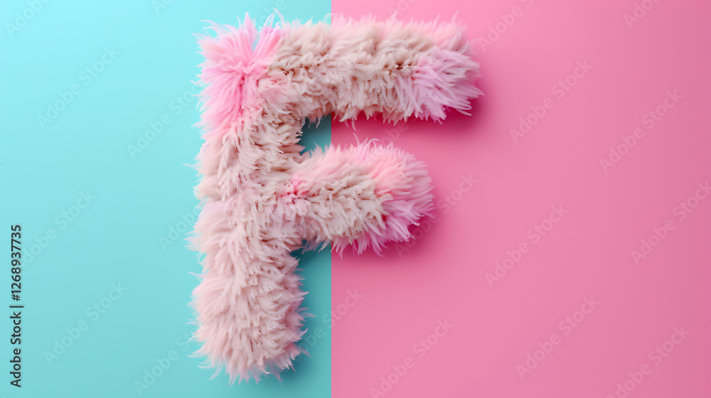 Letter F three dimensional view with wool texture isolated at pink and aqua background Letter F three dimensional view with wool texture isolated at pink and aqua background