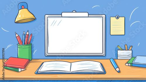 Cozy and Creative Workspace Illustration Featuring Blank Whiteboard, Colorful Stationery, Open Notebook, and Organized Desk Items for Productive Environment