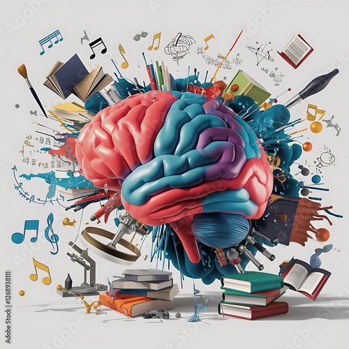 Create a vibrant digital illustration of a human brain exploding with creativity 