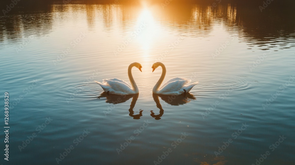 Fototapeta premium Serene Swans Reflecting in Calm Water at Sunset Glow