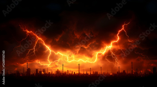 Dramatic Lightning Storm over Cityscape at Night with Yellow and Orange Light