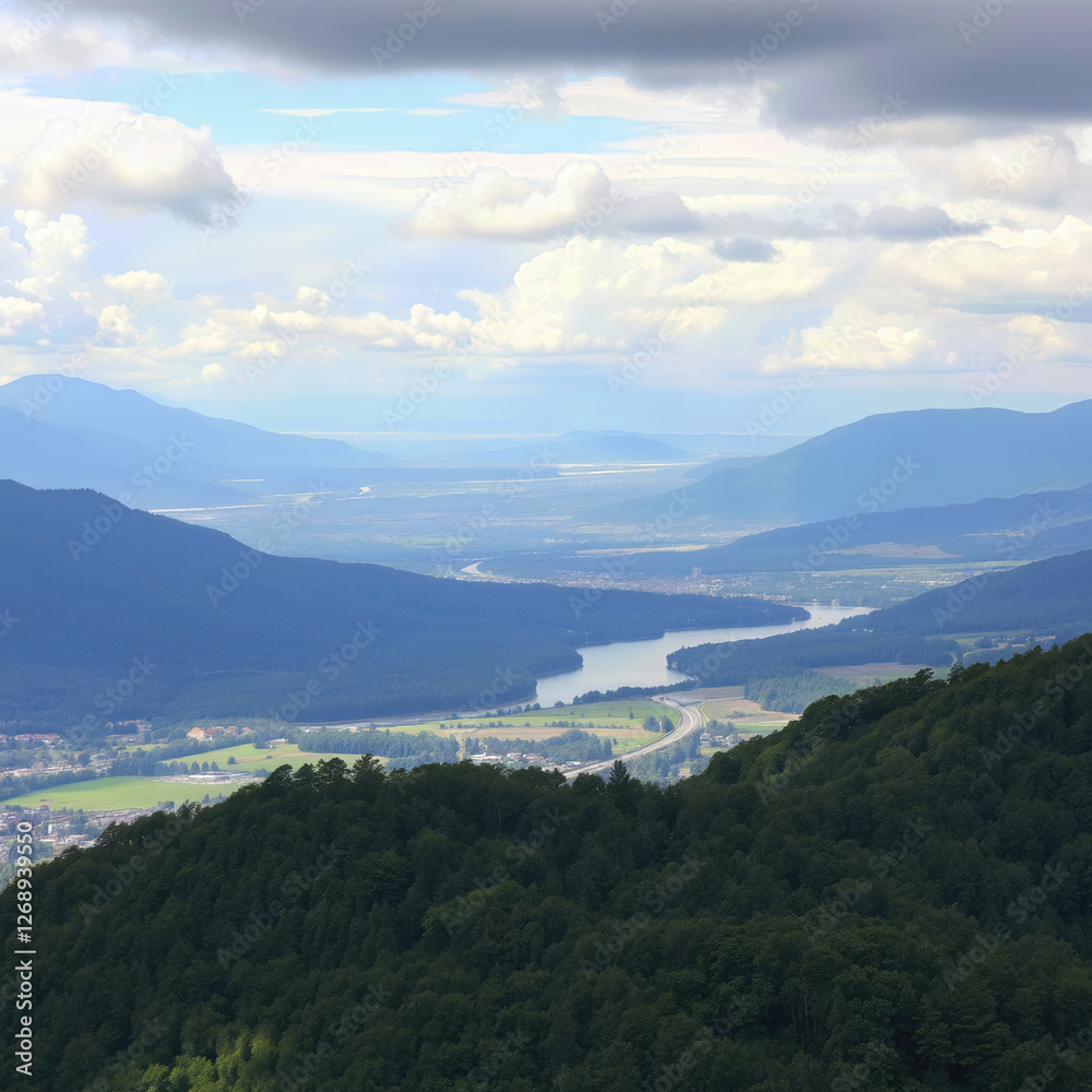 Fototapeta premium Scenic view of mountain, valley, river, forest, and sky that show beautiful nature and calm emotional expression of scenic view from top of mountain