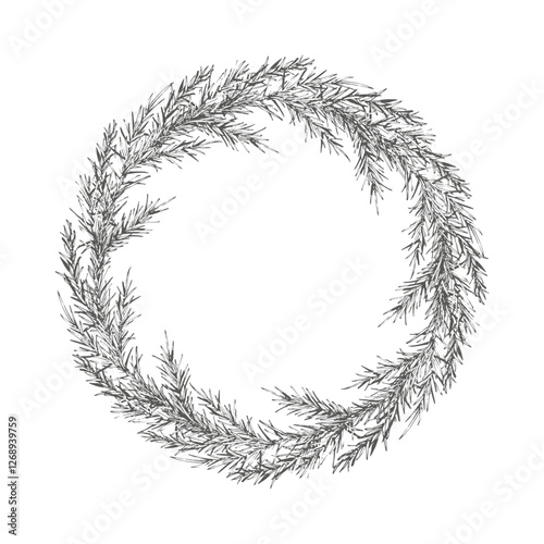 Christmas wreath with Spruce branch. Vector graphics illustration isolated on white background shape. Perfect for New Year compositions, wrapping paper, dishes, textiles, packaging or memorial card