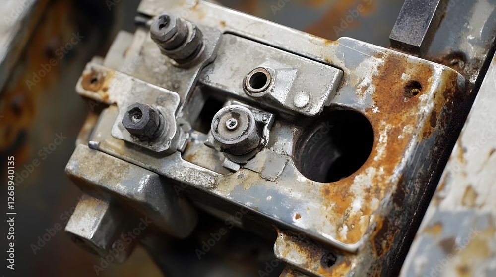Close-up of a rusty industrial machine component with intricate details, showcasing wear and tear Close-up of a rusty industrial machine component with intricate details, showcasing wear and tear