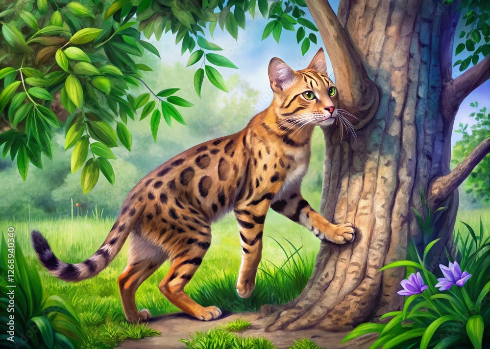 Fototapeta premium Funny Bengal Cat on Lilac Tree Trunk - Summertime Pet Photo