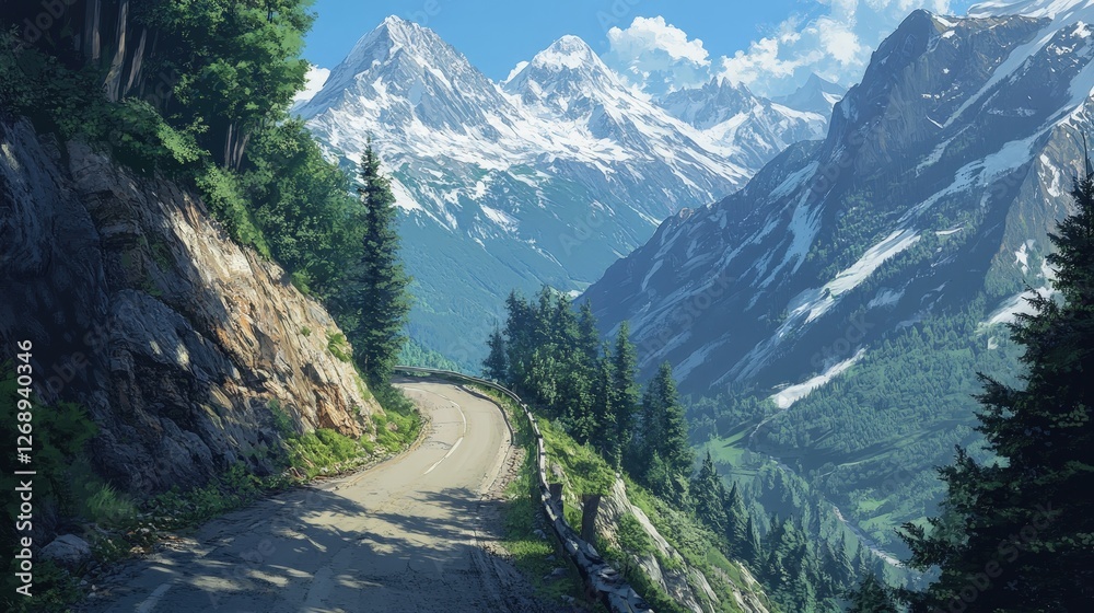 A narrow mountain road winding through steep cliffs, with sharp turns and hairpin bends. Snow-capped peaks rise in the distance, and the road is bordered by evergreen trees A narrow mountain road winding through steep cliffs, with sharp turns and hairpin bends. Snow-capped peaks rise in the distance, and the road is bordered by evergreen trees