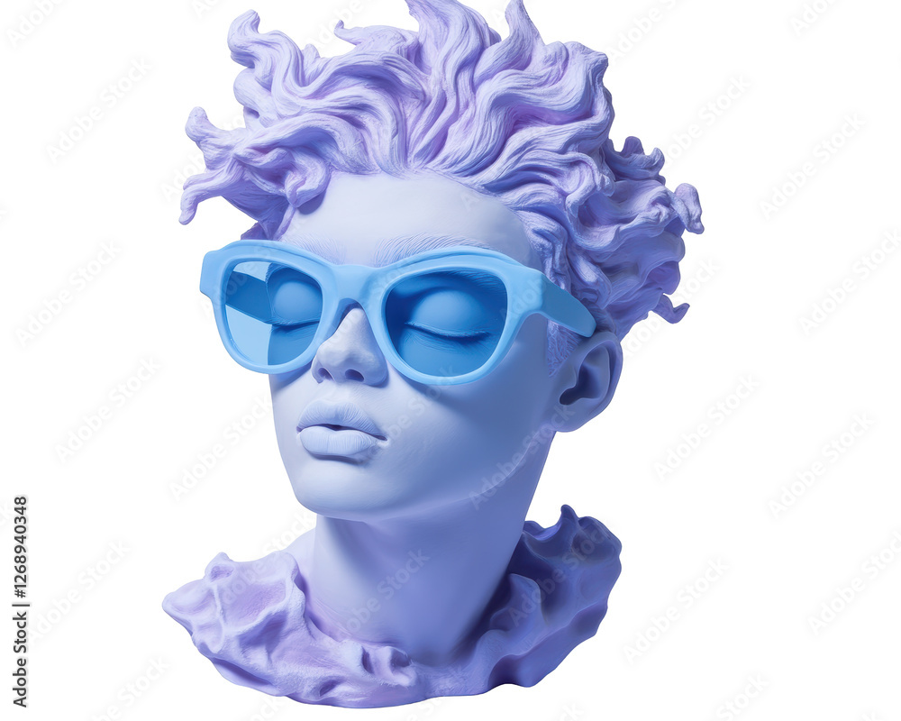 Isolated Pale Lavender Bust Sculpture with Round Blue Sunglasses