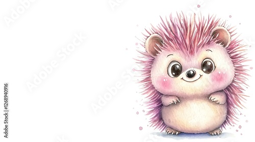Cute chibi hedgehog standing on tiny legs, with round spines and watercolor shading, isolated on a white background