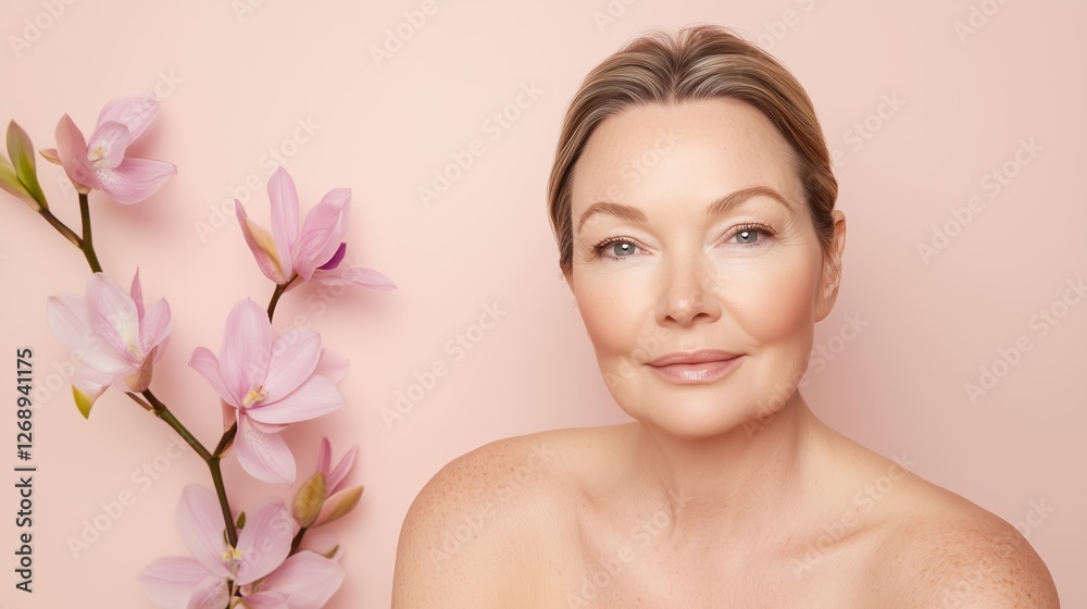 Serene Beauty: A middle-aged woman with radiant skin and a serene expression sits against a delicate pink background, adorned with blossoming magnolia branches. Serene Beauty: A middle-aged woman with radiant skin and a serene expression sits against a delicate pink background, adorned with blossoming magnolia branches.