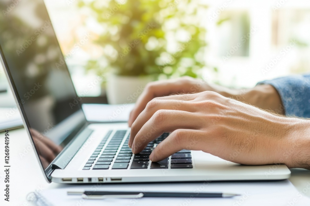 Typing on a laptop in bright, natural light, focusing on productivity and modern workspace Typing on a laptop in bright, natural light, focusing on productivity and modern workspace