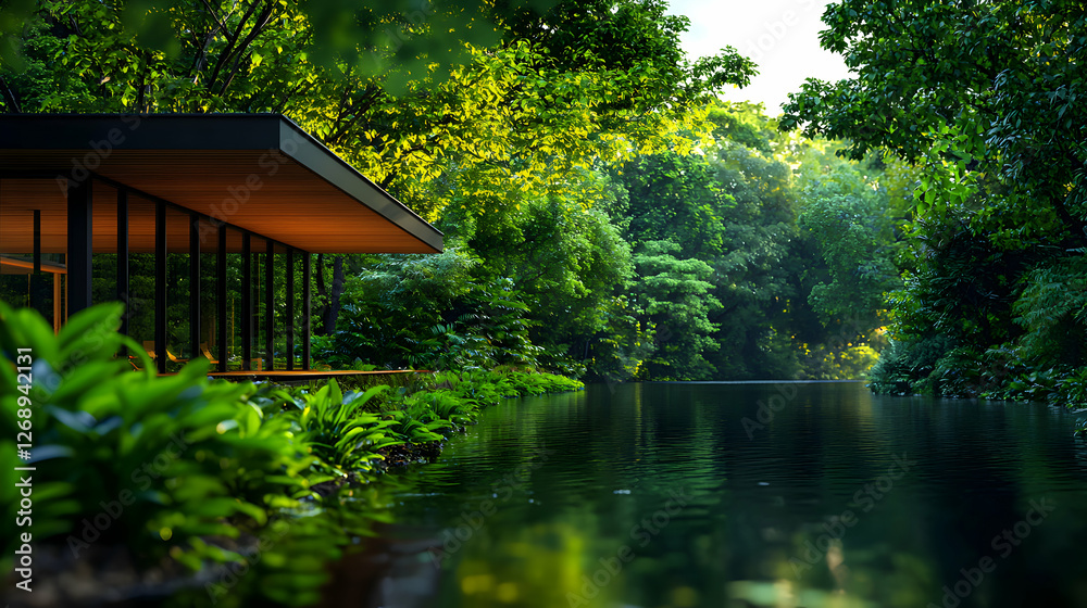 Glass House Reflection in a Verdant Lake with Lush Green Trees Under Bright Daylight Glass House Reflection in a Verdant Lake with Lush Green Trees Under Bright Daylight