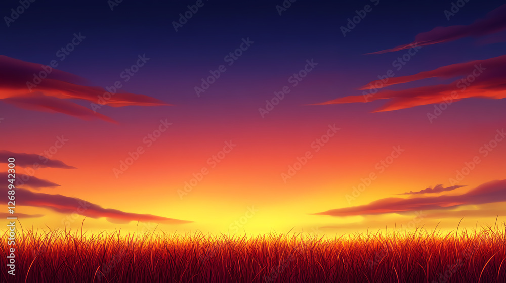 A stunning twilight scene featuring vibrant orange and blue hues as the sun sets over a field of tall grass, creating a serene atmosphere perfect for nature lovers. A stunning twilight scene featuring vibrant orange and blue hues as the sun sets over a field of tall grass, creating a serene atmosphere perfect for nature lovers.