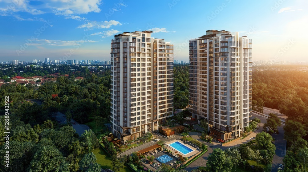 Fototapeta premium A newly constructed luxury high-rise in an exclusive part of the city, offering world-class amenities, breathtaking views, and state-of-the-art facilities.