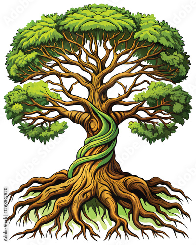 Render a highly detailed illustration of an ancient oak tree, showcasing its gnarled, twisted roots and thick, textured bark.  Bold, dramatic lighting.