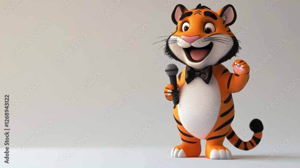 Obraz premium Cheerful cartoon tiger character holding microphone and cupcake