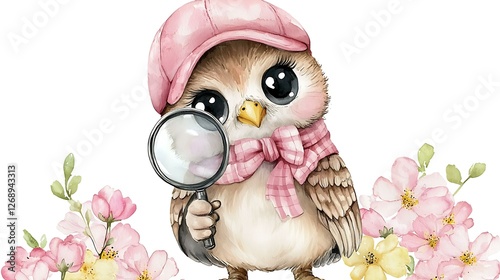 Kawaii chibi owl dressed as a detective with a tiny magnifying glass, soft watercolor feather details, and a curious expression, placed on a white background