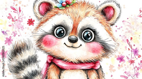 Kawaii chibi raccoon with a round face, striped tail, and watercolor fur texture, standing playfully on a white background photo