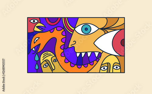 Abstract face vector art, illustration of face stylized artistic style, human abstraction art, surreal and bizarre portrait.