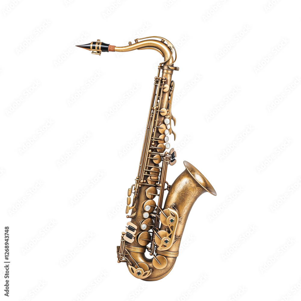 Fototapeta premium Vintage brass saxophone with detailed keys on white background