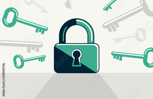 Lock with key concept poster, padlock security vector icon style illustration, locked and secured, safe account metaphor, privacy.