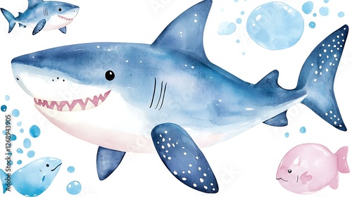 Kawaii chibi shark with tiny fins, soft watercolor blue tones, and a friendly smile, swimming on a white background