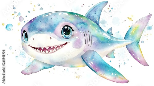 Kawaii chibi shark with tiny fins, soft watercolor blue tones, and a friendly smile, swimming on a white background