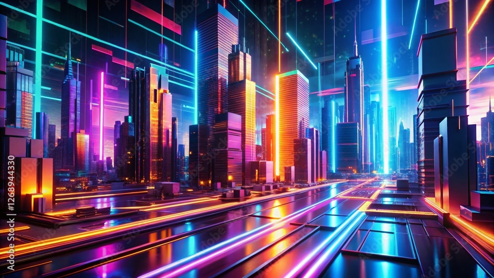 Fototapeta premium Futuristic Neon Lines: 4K Animation, Cyberpunk Cityscape, Abstract Architecture, Glowing Streaks, Sci-Fi Background
