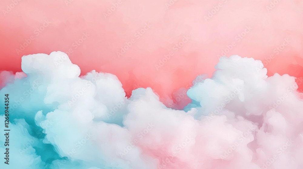 Fototapeta premium A dreamy sky with soft, fluffy clouds in hues of pink and blue, creating a serene and tranquil atmosphere.