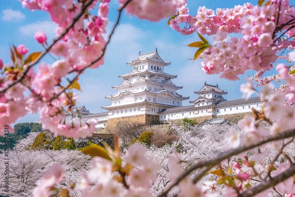 Fototapeta premium Cherry blossoms and castle in Himeji, Japan