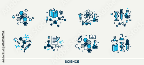 Science vector detailed icons set, school and university education bundle, scientific study and research, physics and chemistry.