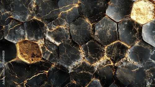 This stunning close-up showcases a hexagonal pattern with striking contrasts of golden and black lines, resembling the intricate structure of natural materials, perfect for scienti photo