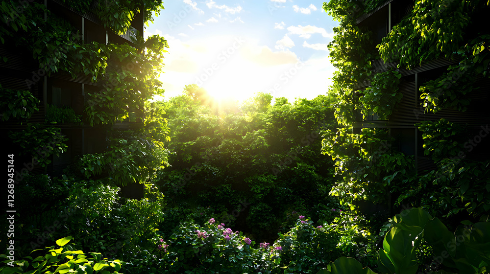 Green Building Facade with Climbing Plants and Sun Flare Creating an Ecological Environment Green Building Facade with Climbing Plants and Sun Flare Creating an Ecological Environment