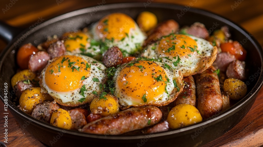 A hearty breakfast skillet featuring eggs, sausages, and tomatoes, garnished with herbs. A hearty breakfast skillet featuring eggs, sausages, and tomatoes, garnished with herbs.
