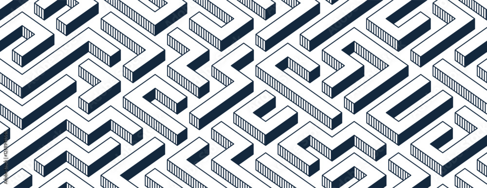 Labyrinth seamless background, 3D geometric endless pattern of logic maze, isometric vector dimensional cubical background. Labyrinth seamless background, 3D geometric endless pattern of logic maze, isometric vector dimensional cubical background.