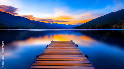 A tranquil sunset over a pristine lake, showcasing vibrant colors reflecting on the serene water surface. A wooden pier extends into the lake, creating a peaceful atmosphere. photo