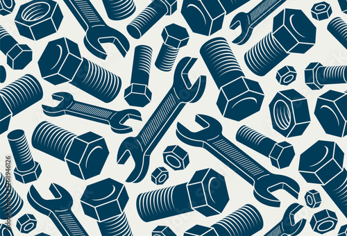 Repair and maintenance seamless background, vector mechanical fix service theme endless wallpaper, bolts and wrenches tiling pattern, elements can be used separately.