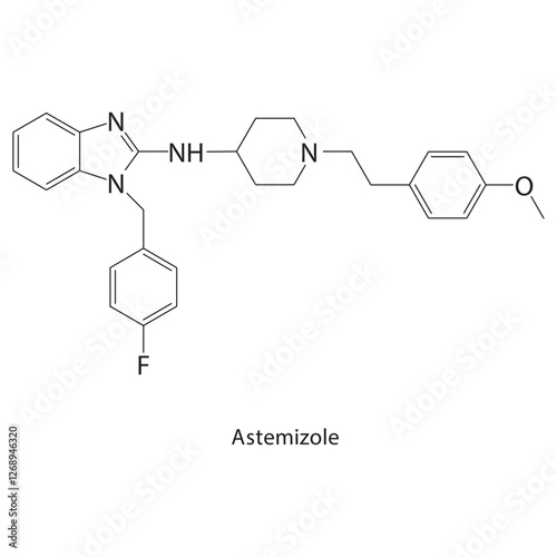 Astemizole skeletal structure.Antihistamine compound schematic illustration. Simple diagram, chemical formula.