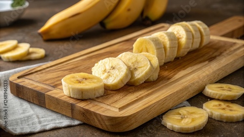 Slicing fresh bananas on a wooden cutting board in a kitchen setting for culinary inspiration photo