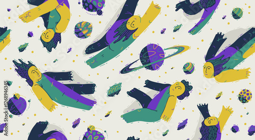 Levitating people seamless background, concept of freedom and imagination, peaceful and tranquil theme tiling wallpaper, dreamers floating among the planets in space.